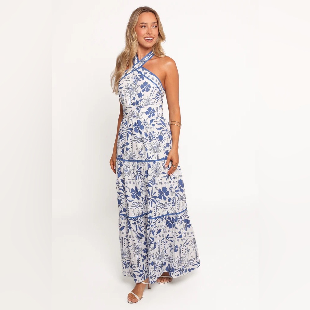 NEW Petal & Pup Fernanda Halterneck Maxi Dress in Blue Tropical Women's Size XS